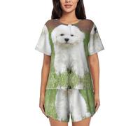 GXUNGT Bichon Frise - Pigiama corto da donna, con stampa di cane, casual, estivo, 2 pezzi, con bottone, morbido e confortevole, Nero , M