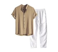 GXYANiaoy Completo di Lino Estivo Uomo 2 Pezzi Casual per Spiaggia Tuta Completa in Cotone e Lino Maglietta + Pantaloni con Coulisse Set Uomini Completo Uomo Estivo Elegante