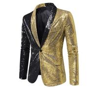 GXYHJVMFPSC Blazer Uomo Mens Blazer Paillettes Color Block Giacca Slim Fit Un Bottone Giacca Revers Cappotto Feste Matrimoni Balli Fine Anno Business-Gold||XL