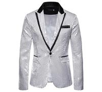 GXYHJVMFPSC Blazer Uomo Men's Blazer Paillettes Giacca Un Bottone Abito Cerimonia Ballo Fine Anno Performance Club Smoking-Silver||M