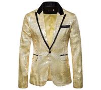 GXYHJVMFPSC Blazer Uomo Men's Blazer Paillettes Giacca Un Bottone Abito Cerimonia Ballo Fine Anno Performance Club Smoking-Gold||M