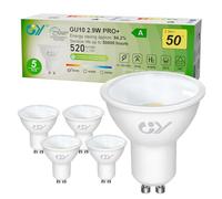 GY Lampadina LED GU10, 2,9 W, classe A, ultra efficiente, 3000 K, luce bianca calda, 520 lm, equivalente a risparmio energetico 50 W, angolo di luce 100°, non dimmerabile, confezione da 5