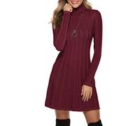 Gyabnw Vestito Casual Donna Invernale in Maglione Abito Vita Alta Elegante Collo Alto di Orlo Svasato Abito Linea A in Maglia al Ginocchio Caldo di Moda Treccia Ritorta, Bordeaux, L