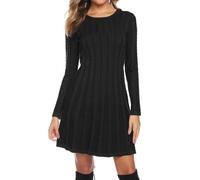 Gyabnw Vestito Casual Donna Invernale in Maglione Abito Vita Alta Elegante in Girocollo di Orlo Svasato Abito Linea A in Maglia al Ginocchio Caldo di Moda Treccia Ritorta, Nero, S