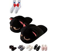 Gyagalre Black Cat Slippers for Women/Men Cute Cat Halloween Plush Animal Slippers for Women Fuzzy, Big Black Eyes, 34/35 EU