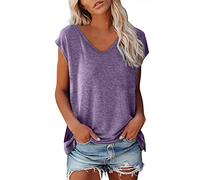 Gyaimxfu Magliette Donna Manica Corta Estive T-Shirt Donna Cotone Stretch Elegante Top Canotta da Donna Scollo a V Casual Tinta Unita Sportivi a Maglia Vintage Moda Blusa Camicia Loose Top Shirt