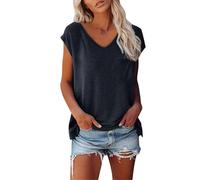 Gyaimxfu Magliette Donna Manica Corta Estive T-Shirt Donna Cotone Stretch Elegante Top Canotta da Donna Scollo a V Casual Tinta Unita Sportivi a Maglia Vintage Moda Blusa Camicia Loose Top Shirt