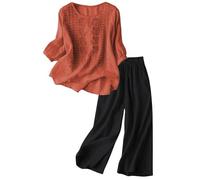 Gyaimxfu Tuta Elegante Donna In Cotone E Lino Completi Estiva In Lino Mare Tute T-Shirt E Pantalone a Gamba Larga Tute Sportiva Taglie Forti Mare Maniche Corte Completa Elegante