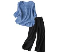 Gyaimxfu Tuta Elegante Donna In Cotone E Lino Completi Estiva In Lino Mare Tute T-Shirt E Pantalone a Gamba Larga Tute Sportiva Taglie Forti Mare Maniche Corte Completa Elegante