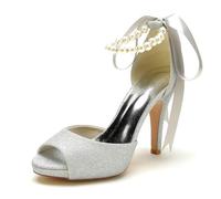 Gycdwjh 10CM Scarpe da Sposa Frosted Fibbia Perla Scarpe con Tacchi da Damigella d'Onore Tacco a Bocca di Pesce Spillo da Sposa delle Donne per Matrimoni,Argento,36 EU