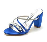 Gycdwjh 8.5cm Estate Sandali Tacco Chunky Sabot con Strass Donna Cinturino Incrociato Senza Schienale Raso Scivolare su Vestito Pompe Scarpe,Royal Blue,36 EU