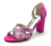 Gycdwjh 8.5cm Moda Donna Open Toe Scarpe da Sposa Strass Raso Pompe Slip On Estate Tacco Spesso Estate Sandali,Rose Red,41 EU