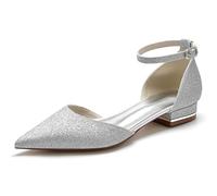 Gycdwjh Donne A Punta in Grinta Flat Scarpe da Sposa con Tacco Basso per La Sposa Cinturino alla Caviglia Evening Prom Party Sandali,Argento,41 EU