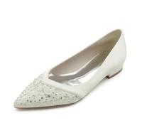 Gycdwjh Donne Chiuse Punta a Punta Raso Pizzo Ballerine Tacco Basso Strass Décolleté da Sposa Sera Ballo Festa Scarpe 2.5cm,Avorio,36 EU
