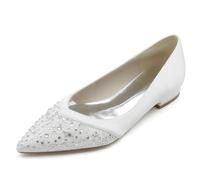 Gycdwjh Donne Chiuse Punta a Punta Raso Pizzo Ballerine Tacco Basso Strass Décolleté da Sposa Sera Ballo Festa Scarpe 2.5cm,Bianca,43 EU