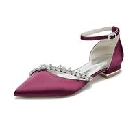 Gycdwjh Donne Cinturino alla Caviglia Ballerine da Sposa A Punta con Strass Sandali da Festa Scarpe Decolte Tacco Basso Satinate,Wine Red,40EU