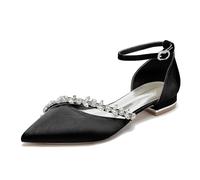 Gycdwjh Donne Cinturino alla Caviglia Ballerine da Sposa A Punta con Strass Sandali da Festa Scarpe Decolte Tacco Basso Satinate,Nero,37EU