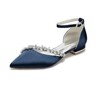 Gycdwjh Donne Cinturino alla Caviglia Ballerine da Sposa A Punta con Strass Sandali da Festa Scarpe Decolte Tacco Basso Satinate,Dark blue,38EU