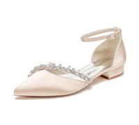Gycdwjh Donne Cinturino alla Caviglia Ballerine da Sposa A Punta con Strass Sandali da Festa Scarpe Decolte Tacco Basso Satinate,Champagne,39EU