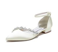 Gycdwjh Donne Cinturino alla Caviglia Ballerine da Sposa A Punta con Strass Sandali da Festa Scarpe Decolte Tacco Basso Satinate,Avorio,40EU