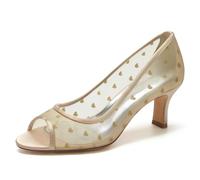 Gycdwjh Donne per Scarpe da Sposa Raso di Seta Corte Peep Toe con Tacco Largo Estate Sandali con Tacco Alto Eleganti con Decorazione a Cuore,Champagne,41 EU