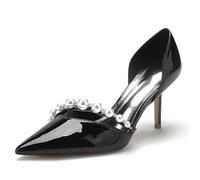 Gycdwjh Elegante Scarpe da Sposa con Tacchi Alti da Donna con Tacco a Spillo in Vernice Fibbia Slip On Perla Office Party Wedding Dress Shoes,Nero,35 EU