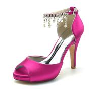 Gycdwjh Elegante Scarpe da Sposa Scarpe da Sposa con Tacco Alto Punta Aperta Sandali per Matrimoni 10cm Bocca di Pesce Raso Piattaforma Pumps con Perle e Strass,Rose Red,42 EU