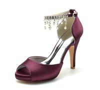 Gycdwjh Elegante Scarpe da Sposa Scarpe da Sposa con Tacco Alto Punta Aperta Sandali per Matrimoni 10cm Bocca di Pesce Raso Piattaforma Pumps con Perle e Strass,Burgundy,41 EU