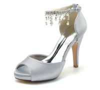 Gycdwjh Elegante Scarpe da Sposa Scarpe da Sposa con Tacco Alto Punta Aperta Sandali per Matrimoni 10cm Bocca di Pesce Raso Piattaforma Pumps con Perle e Strass,Argento,40 EU