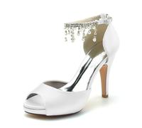 Gycdwjh Elegante Scarpe da Sposa Scarpe da Sposa con Tacco Alto Punta Aperta Sandali per Matrimoni 10cm Bocca di Pesce Raso Piattaforma Pumps con Perle e Strass,Bianca,37 EU