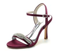 Gycdwjh Estivi Scarpe di Sandalo Donna Slingbac Tacco A Spillo E Punta Aperta Tacco Alto Décolleté con Strass 9.5cm Raso Scarpe da Sposa,Burgundy,37 EU