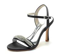 Gycdwjh Estivi Scarpe di Sandalo Donna Slingbac Tacco A Spillo E Punta Aperta Tacco Alto Décolleté con Strass 9.5cm Raso Scarpe da Sposa,Nero,40 EU