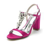 Gycdwjh Mujer Slip on Baile Sandalias con Tacón Ancho Satén Slingback Cristales Puntera Abierta Correa De Tobillo Zapatos de Vestir de Fiesta Boda,Rose Red,39 EU