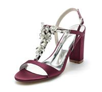 Gycdwjh Mujer Slip on Baile Sandalias con Tacón Ancho Satén Slingback Cristales Puntera Abierta Correa De Tobillo Zapatos de Vestir de Fiesta Boda,Burgundy,42 EU