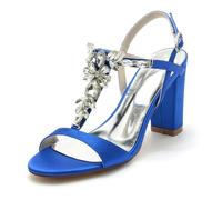 Gycdwjh Mujer Slip on Baile Sandalias con Tacón Ancho Satén Slingback Cristales Puntera Abierta Correa De Tobillo Zapatos de Vestir de Fiesta Boda,Royal Blue,40 EU