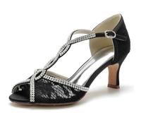 Gycdwjh Sandali da Sposa con Cinturino alla Caviglia da Donna a con Tacco Gattino in Raso Pizzo Bocca di Pesce Estivi Décolleté Peep Toe con Cristallo,Nero,43 EU