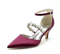Gycdwjh Scarpe da Sposa con Strass Cinturino alla Caviglia da Donna Satin A Punta Pumps Sandali Tacco Medio Tacchi a Spillo,Wine Red,36 EU