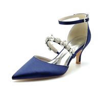Gycdwjh Scarpe da Sposa con Strass Cinturino alla Caviglia da Donna Satin A Punta Pumps Sandali Tacco Medio Tacchi a Spillo,Dark Blue,39 EU