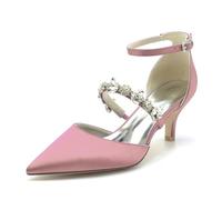 Gycdwjh Scarpe da Sposa con Strass Cinturino alla Caviglia da Donna Satin A Punta Pumps Sandali Tacco Medio Tacchi a Spillo,Flesh Pink,40 EU