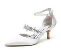 Gycdwjh Scarpe da Sposa con Strass Cinturino alla Caviglia da Donna Satin A Punta Pumps Sandali Tacco Medio Tacchi a Spillo,Avorio,43 EU