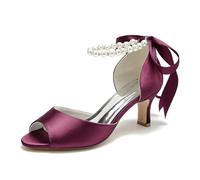 Gycdwjh Scarpe da Sposa Sandali Peep Toe con Tacco Gattino Perla Cinturino alla Caviglia Pompe da Sposa in Raso,Wine Red,39 EU