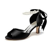 Gycdwjh Scarpe da Sposa Sandali Peep Toe con Tacco Gattino Perla Cinturino alla Caviglia Pompe da Sposa in Raso,Nero,40 EU