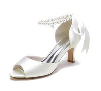 Gycdwjh Scarpe da Sposa Sandali Peep Toe con Tacco Gattino Perla Cinturino alla Caviglia Pompe da Sposa in Raso,Avorio,39 EU