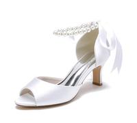 Gycdwjh Scarpe da Sposa Sandali Peep Toe con Tacco Gattino Perla Cinturino alla Caviglia Pompe da Sposa in Raso,Bianca,40 EU