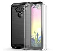 GYDQQKJ DQG per LG K50S (6.50"), [2 pezzi Pellicola Protettiva in Vetro Temperato ]+TPU Custodia Cover Slim Gel Carbon Fiber Morbida Case Flessibile Fibra di Carbonio Custodia per - Nero