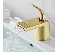 GYEQXKT Rubinetto per lavabo colorato - Maniglia Singola, Ottone Massiccio, Acqua Calda e Fredda, Elegante Design a Cascata, Montaggio a Pavimento, Finitura Spazzolata Oro