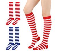 GYIOFAI 2 Paia Calze al Ginocchio Unisex a Righe, Calze a Righe Bianche e Rosse Bianche e Blu Calzini Elfo Donna Bambina, Striped Long Socks Knee-High for School Halloween Cosplay Party Girl Women