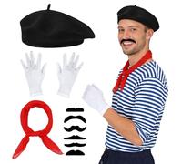GYIOFAI 9 Pezzi Costume Francese in Maschera Berretto Baffi Baffi Sciarpa Guanti Unisex, Costume da Artista Mimo Accessori Accessori per Costume da Uomo Francese, per Cosplay, Feste, Scuola (Nero)