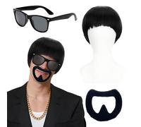 GYIOFAI Parrucca Nera Corta da Uomo Baffi e Occhiali da Sole, Retrò Parrucche Caschetto Corti Parrucca Halloween Carnaval Fête de Cheveux con Frangia Gangster Accessorio per Adulto Costume Cosplay