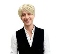 GYIOFAI Parrucche Biondo Corte da Uomo, Naturali a Strati Corti Parrucca Capelli con Frangia, Corta con Riga Laterale per Costumi di Carnevale, Travestimento Rock 'n' Roll, Carnevale (Oro)